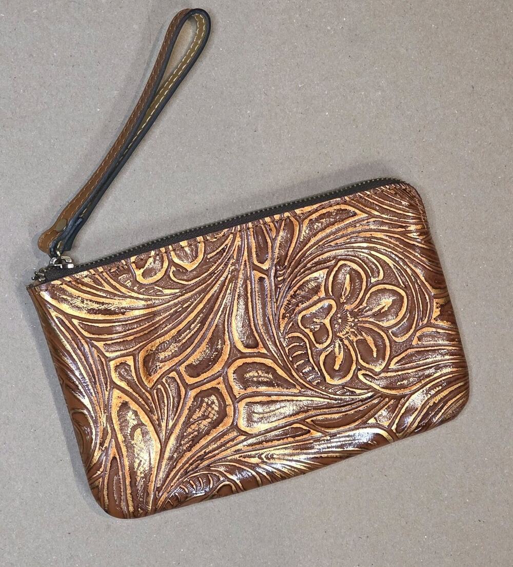 Patricia Nash Cassini Brown Wristlet P249202 Tooled Leather with Gold Accents